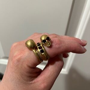 Alexander McQueen Twin Gold Skull Ring with Red Details